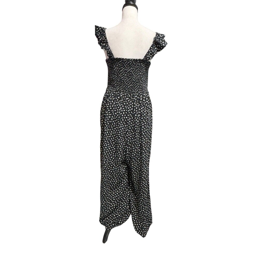 Loft Beach Smocked Ruffle Strap Jumpsuit Sz Large Crop Length Black White - Picture 4 of 11
